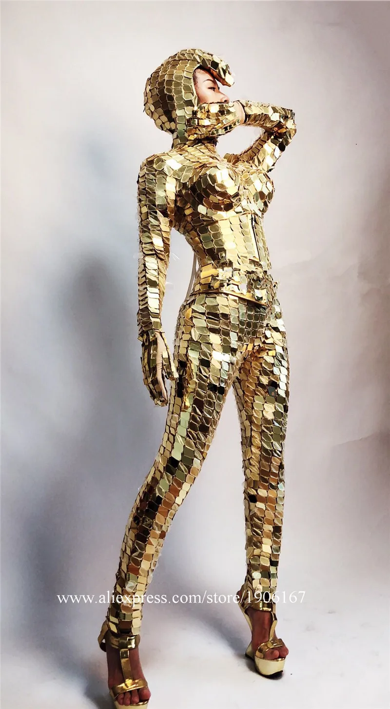 Женское стрейчевое платье ручной работы золотистое зеркальное для ночных клубов