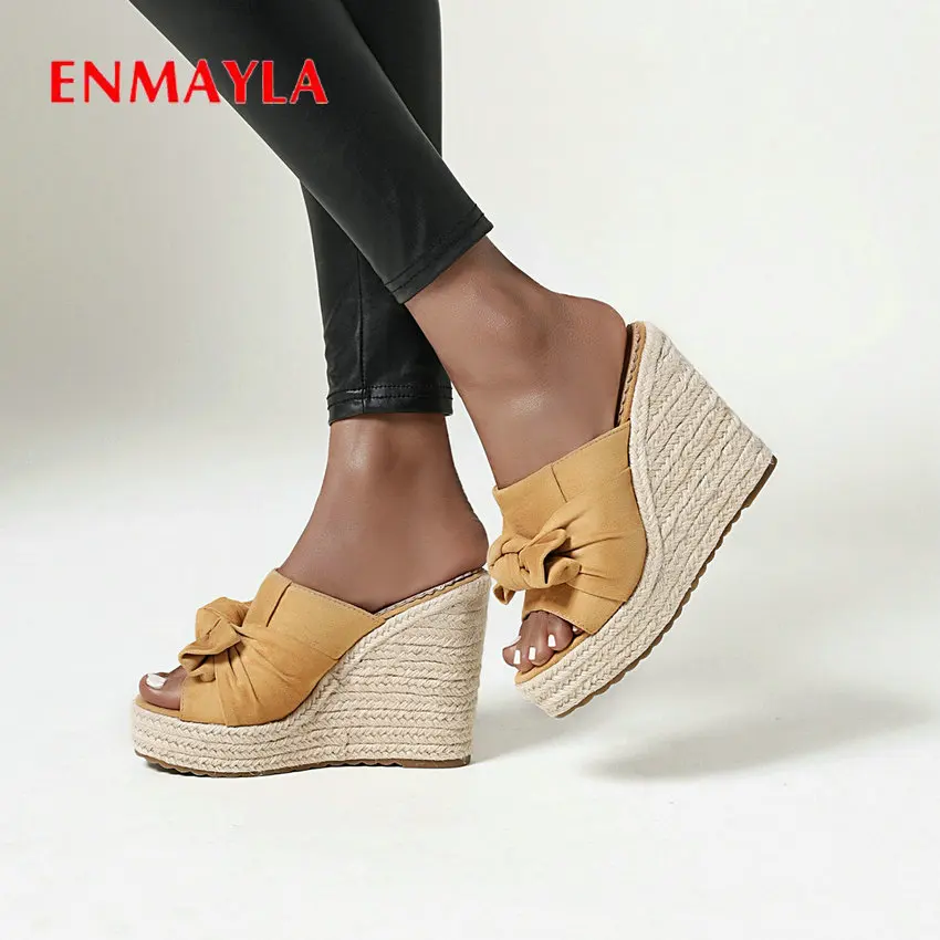 

ENMAYLA Solid PU Flock Summer Outside Slides Butterfly-knot Wedges Womens Shoes 2020 Fashion Women Slippers Size 34-43