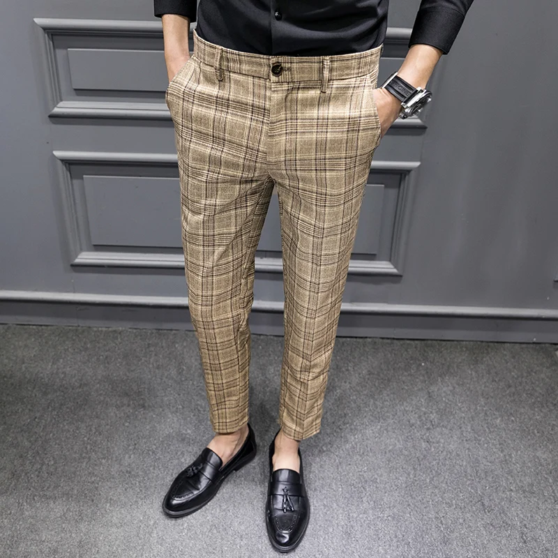 

2021 Men clothing Pure cotton plaid Business suit Trousers/Male slim fit Fashin leisure suit pants/British formal suit trousers