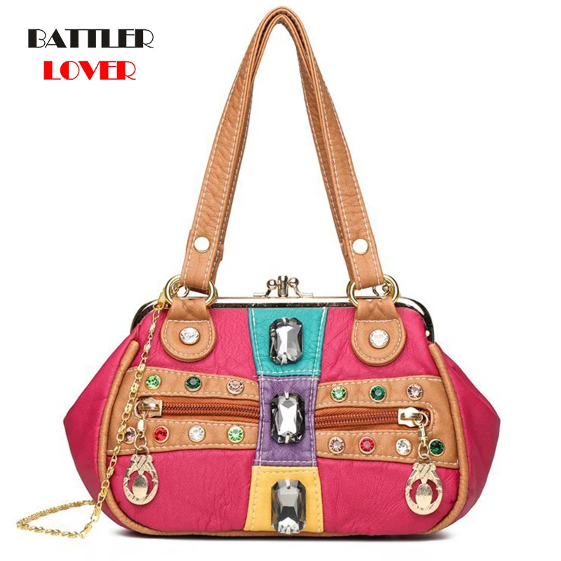 

Bohemian Patchwork Women HandBags New Design Beading High Quality Leather Messenger Bags For Female Hasp Colorful Baguette Totes