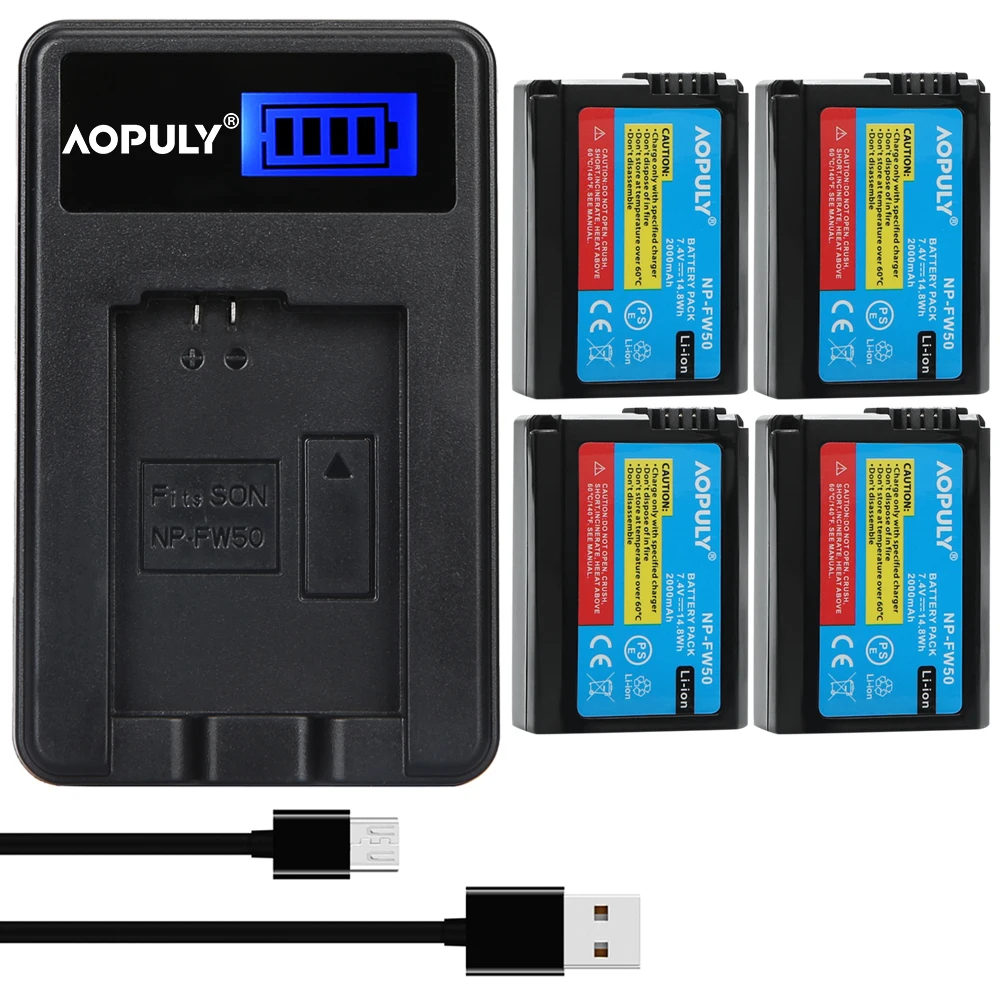 Аккумулятор AOPULY 2000 мА · ч NP-FW50 NP FW50 + зарядное устройство USB со светодиодной