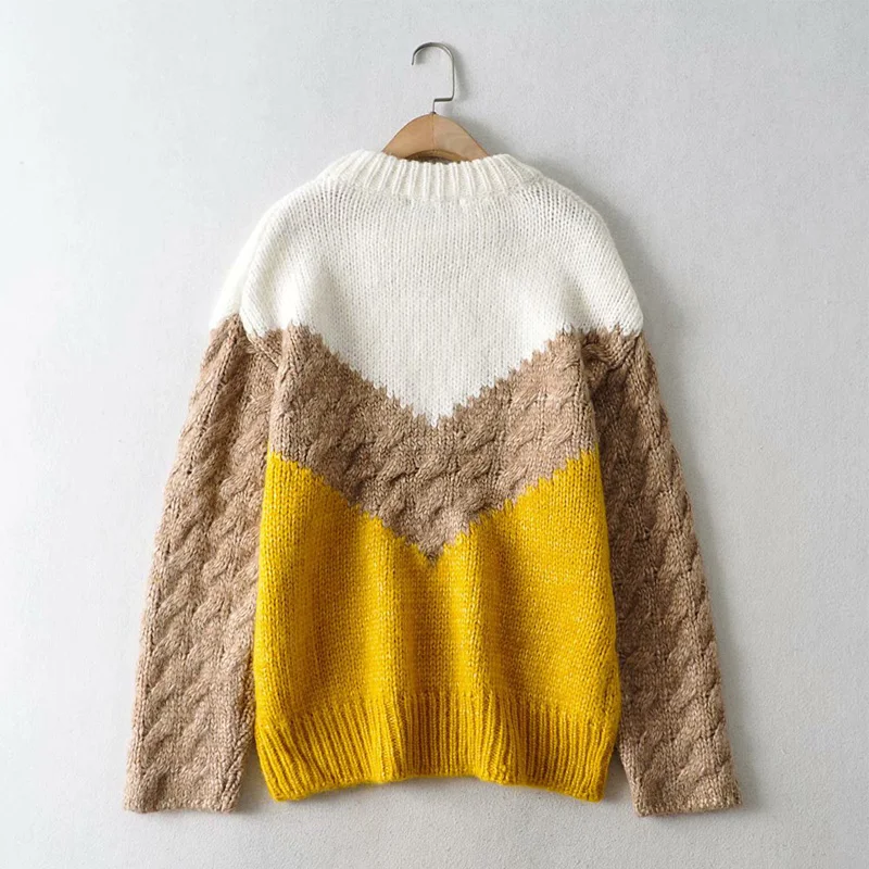 

Autumn and winter women's sweater casual solid color stitching round neck long sleeve sweater