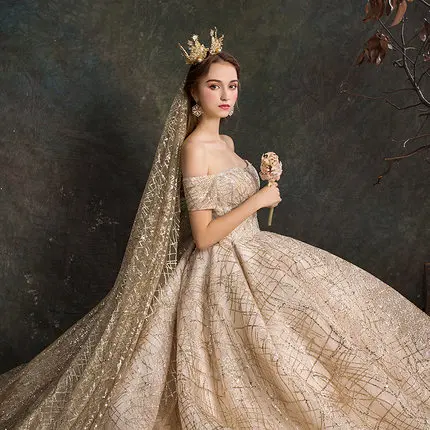 SSYfashion, вырез лодочкой, шнуровка сзади, длина до пола, бальное платье, роскошное свадебное платье, свадебные платья цвета шампань, Vestido De Noiva - Цвет: floor with veil