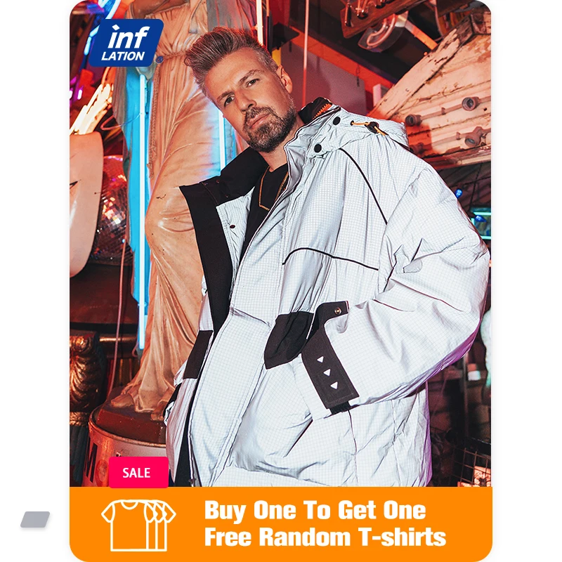 

INFLATION Men Reflective Down Jacket Streetwear Men Winter Utility Down Parkas 90% White Duck Down Jacket Men Thick Overcoats
