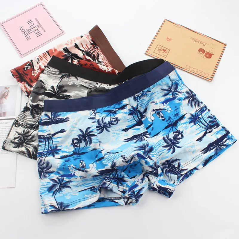 

Mid-rise Underwear Men Fashion Printed Beach Cartoons Underpants Cotton Breathable Boxer Brief Shorts Nylon Boxershorts Male New