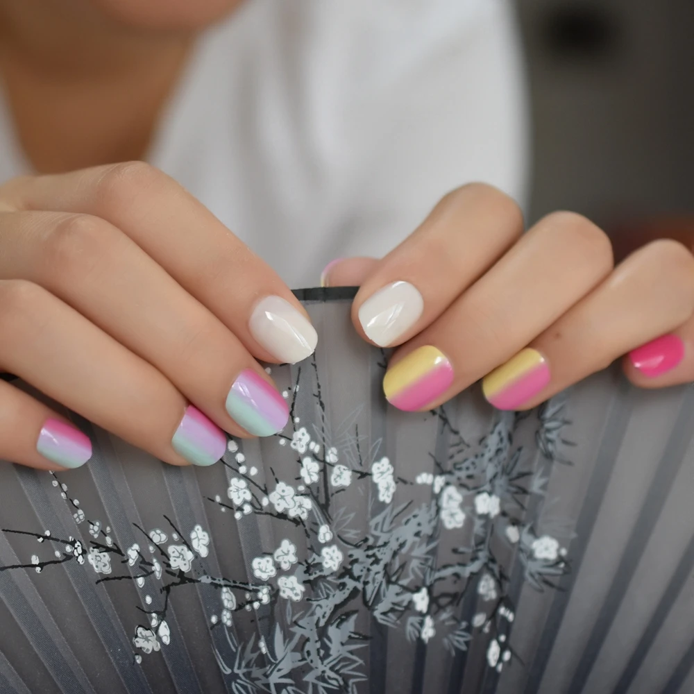 Красочные радужные короткие искусственные ногти для детской вечевечерние