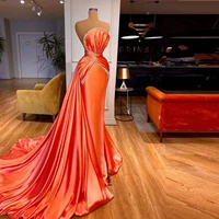 new orange prom dresses beading sequined pleat strapless sweep train luxury sleeveless long evening dress robe de soir%c3%a9e femme