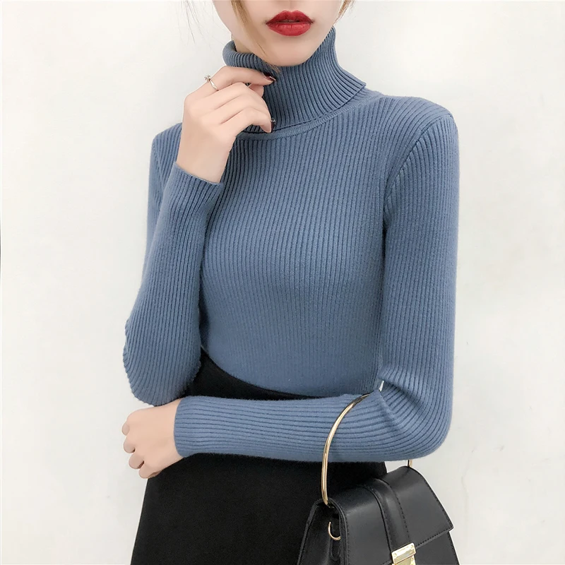 

Sweaters Female Korean Basic Turtleneck Pullover Sweater Autumn Winter Black White Blue Beige Pink Sweater Knit Tops Femme
