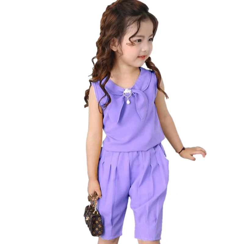 

Summer Baby Girls Clothes Set Children Chiffon Clothing Suits Toddler Shorts Sleeve+Pants Clothes Suit 2pcs Sets For Kids 2-13Y