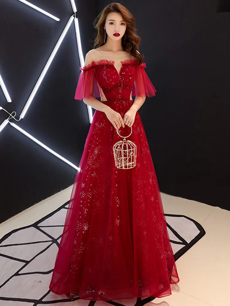 Вечернее Платье Лодка Шеи It's YiiYa, Вечерние Платья Bling Stars Шаблон, Женщин Элегантное Красное Вино, Узелок Тюль, Длинные Платья Партии, E061,лето