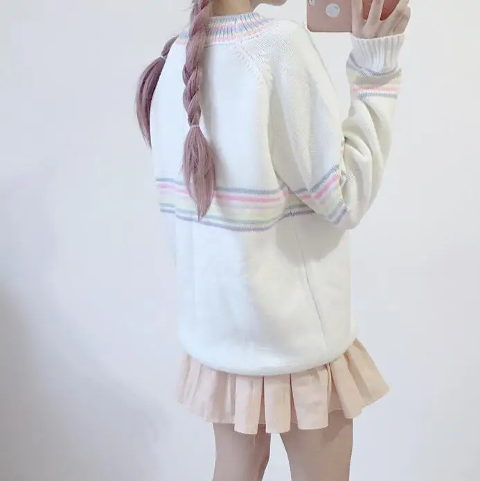 

New women's autumn and winter striped round neck loose pullover knitted rainbow candy color sweater