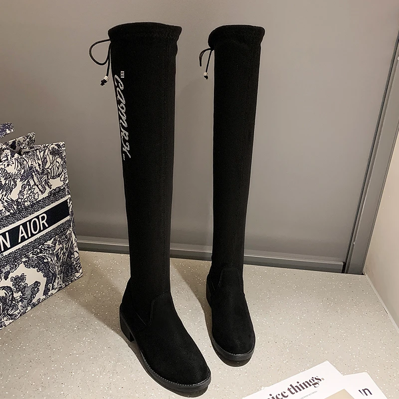 

Женские сапоги выше колена, с круглым носком, на молнии, со шнуровкой, удобная повседневная обувь на низком каблуке, женские эластичные сапо...