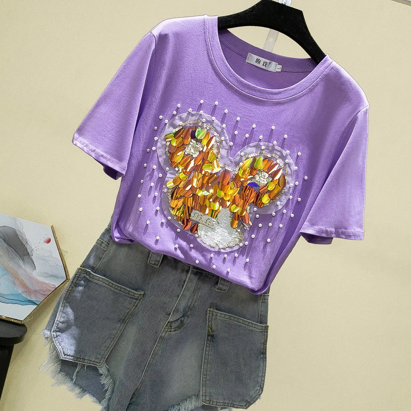 

Beaded Purple Ear Cotton Tshirt Women's 2021 New Style Short-sleeved Female Students Korean Version Loose Tops