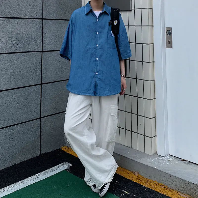 Летняя Новинка 2020 популярная японская Мужская однотонная Свободная рубашка с