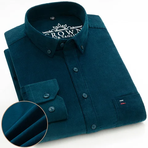 Мужская винтажная Вельветовая рубашка, повседневная качественная рубашка из 100% хлопка с длинными рукавами, одним накладным карманом и воротником на пуговицах