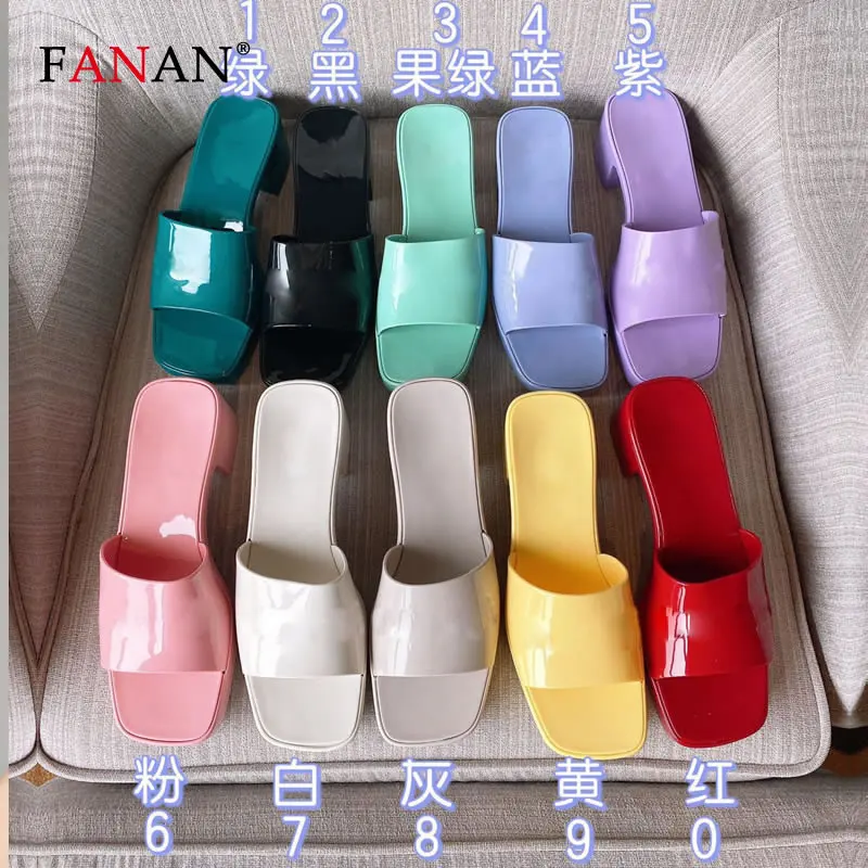 

2021 Summer New PVC Slippers for Women Fashion Square Toe High Heels Sandals Ladies Shoes Casual Beach Jelly Slippers sandales