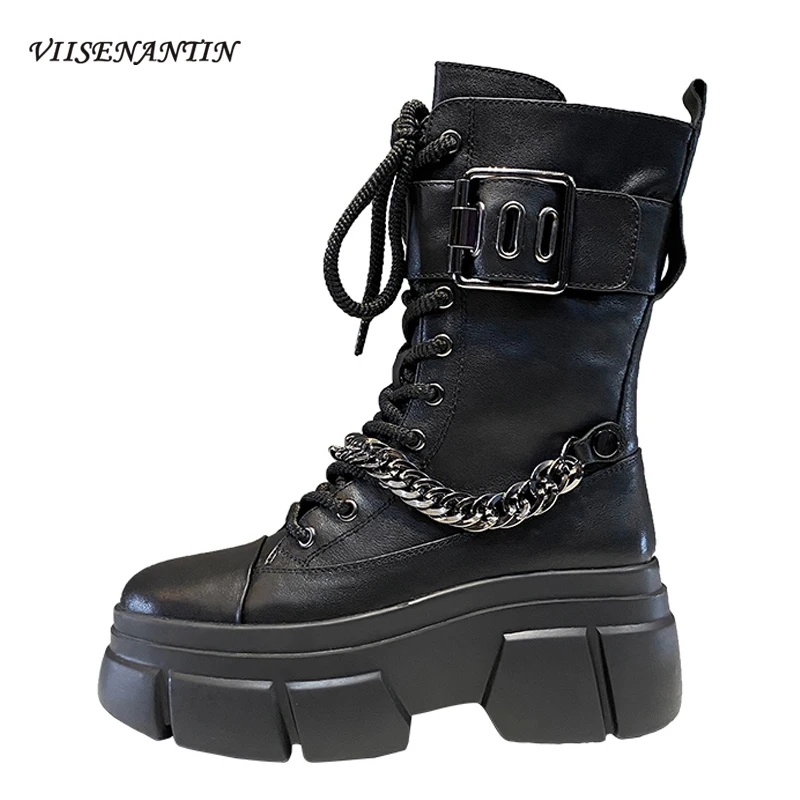 

Женские высокие короткие сапоги на толстой подошве в британском стиле на осень и зиму, красивые мотоциклетные сапоги с ремешком и пряжкой и ...