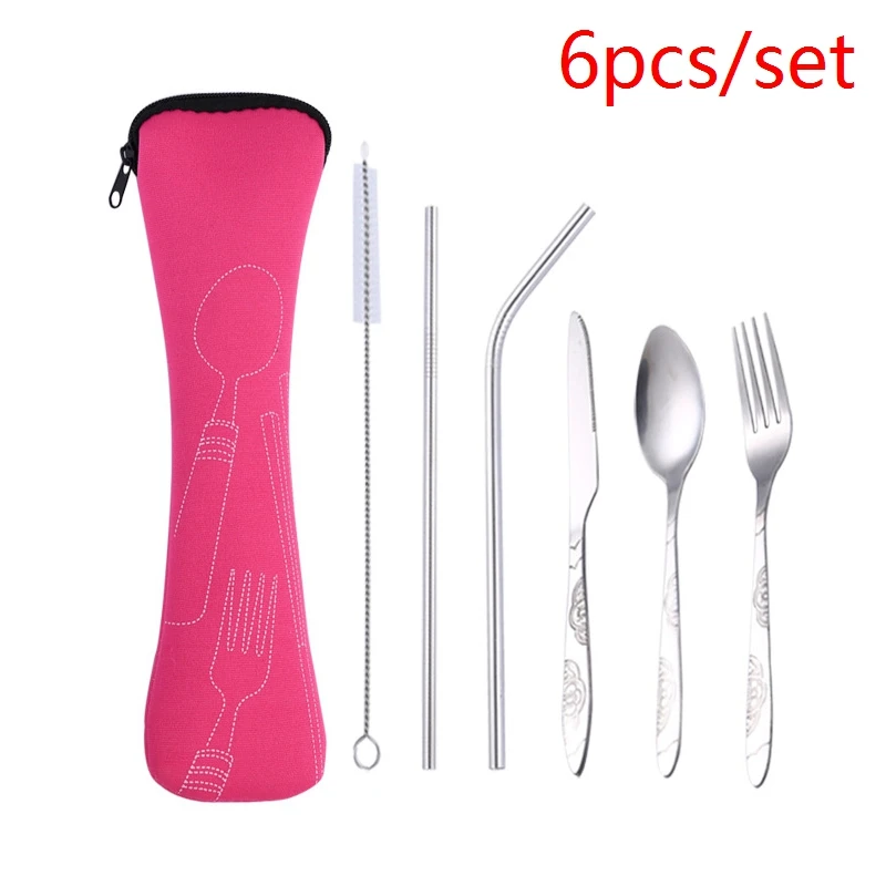 rose red 6pcs 3 шт./6 шт./компл. Портативный Нержавеющая сталь набор столовых приборов цветок картина вилка ужин набор посуды домашней утвари посуды сумка - Цвет: rose red 6pcs