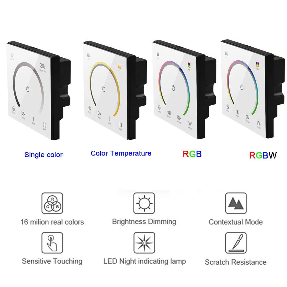 

New 86 Touch Panel Switch DC12-24V Controller Light Dimmer Switch single color/CT/RGB/RGBW LED Strip Tempered Glass Wall Switch