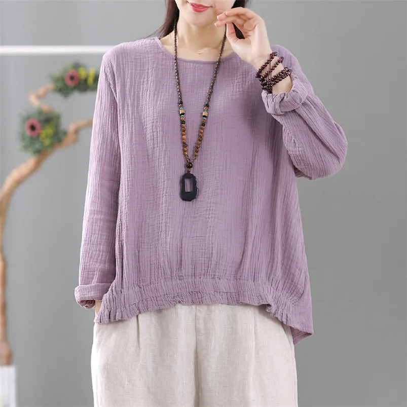 

2022 New Cotton Women Vintage O-Neck Blouse Long Sleeve Solid Shirts Office Ladies Workwear Tops Mint White Pink Female Blouses