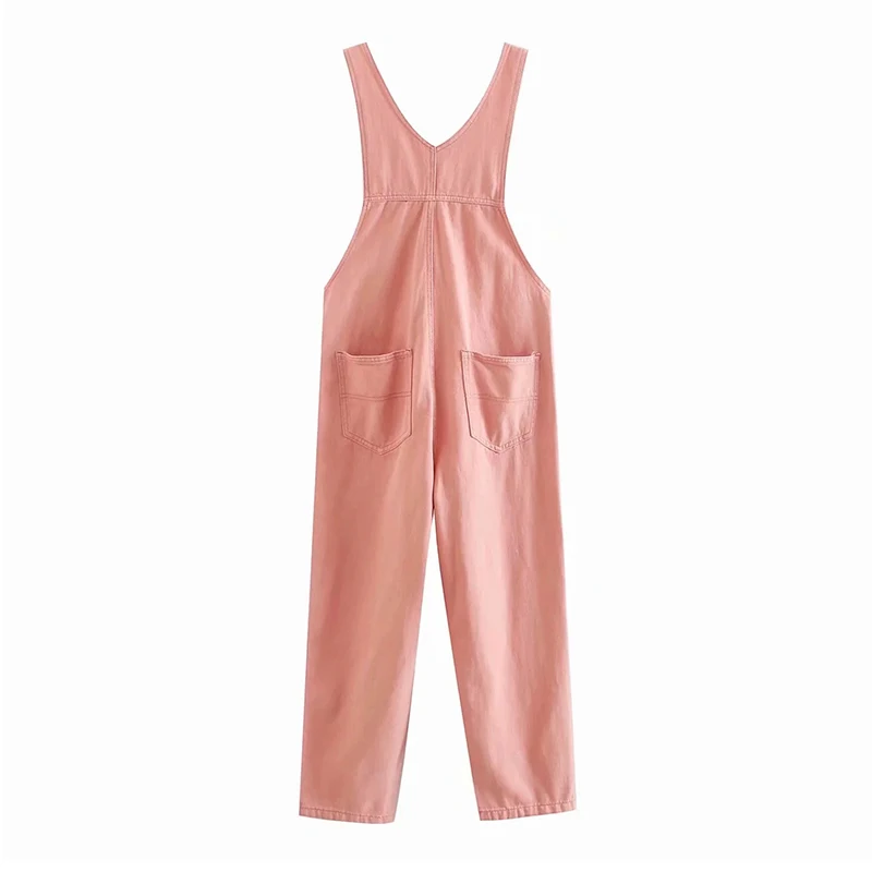 Женский комбинезон с отверстиями однотонный розового цвета карманами свободный