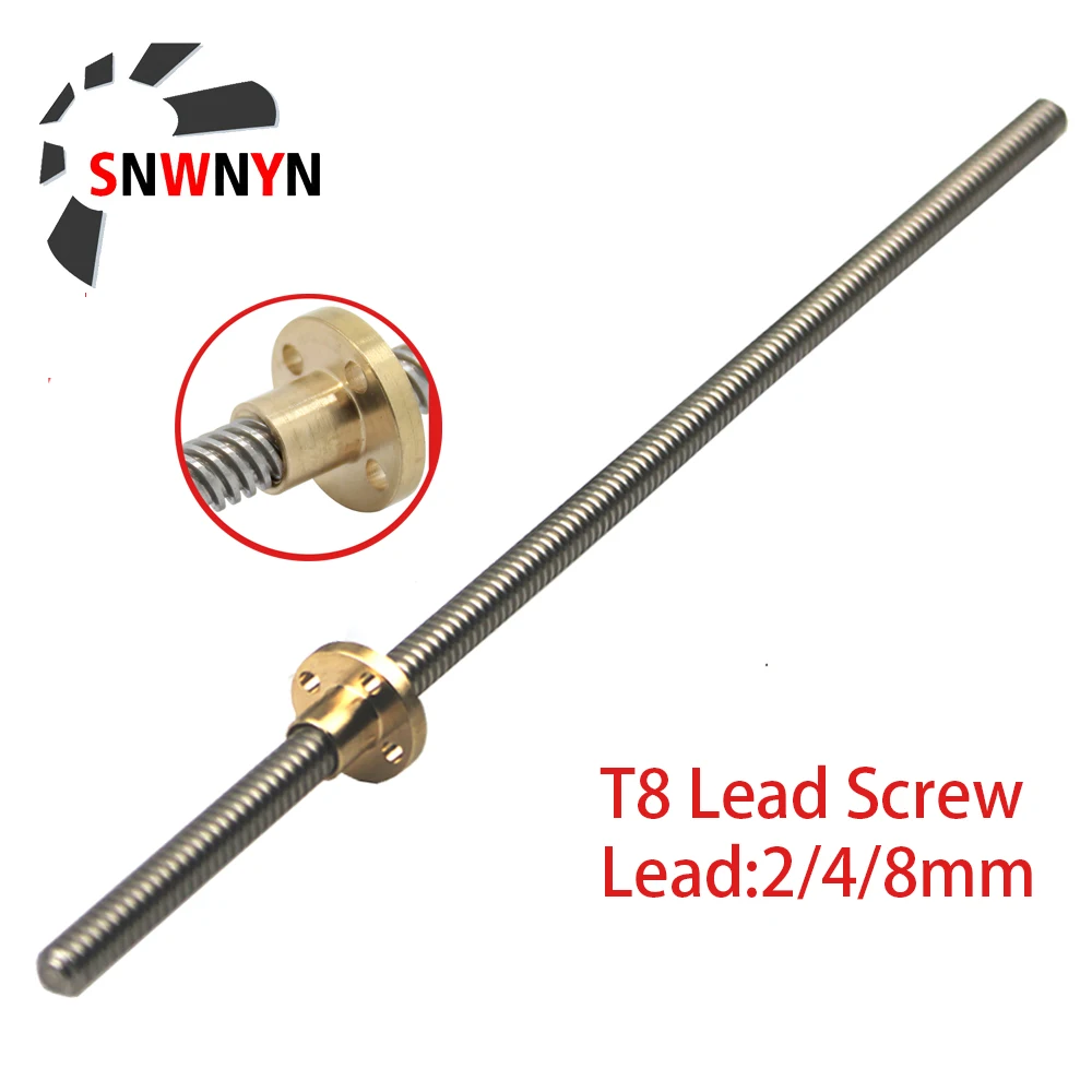 T8 Lead Screw 8mm Lead 2mm/4mm/8mm Pitch 2mm OD 8mm L 100 200 300 350 400 500 600 1000 1200mm With Brass Nut  For CNC 3D Printer