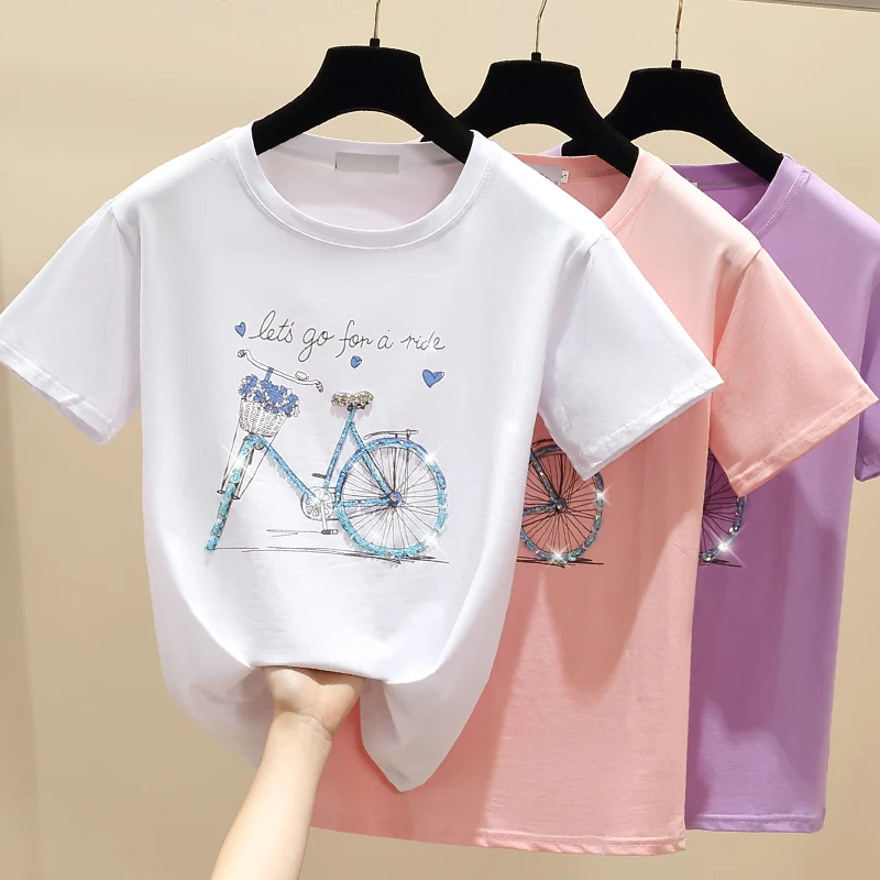 

gkfnmt Beading Print Pink T Shirt Summer Short Sleeve Women Top White Tshirt Cotton Korean Style T-shirt Women Clothes