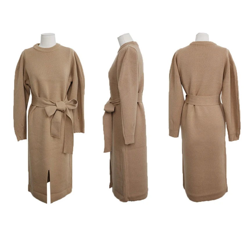 Женское трикотажное платье-свитер с разрезом спереди и длинным рукавом | Женская