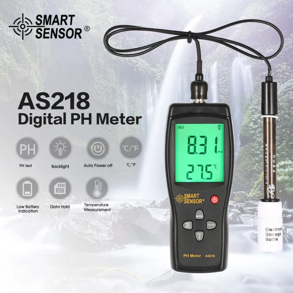 

Smart Sensor AS218 Digital PH Meter Range 0.00~14.00pH Soil PH Tester Water PH Acidity Meter LCD Display Liquid PH Meter