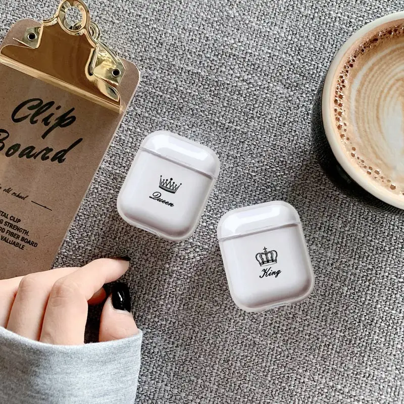Милое воздушное стручки чехол для Apple airpods Чехол класса люкс King queen Корона Bluetooth наушники чехол для Airpods 2 прозрачный жесткий поликарбонатный чехол