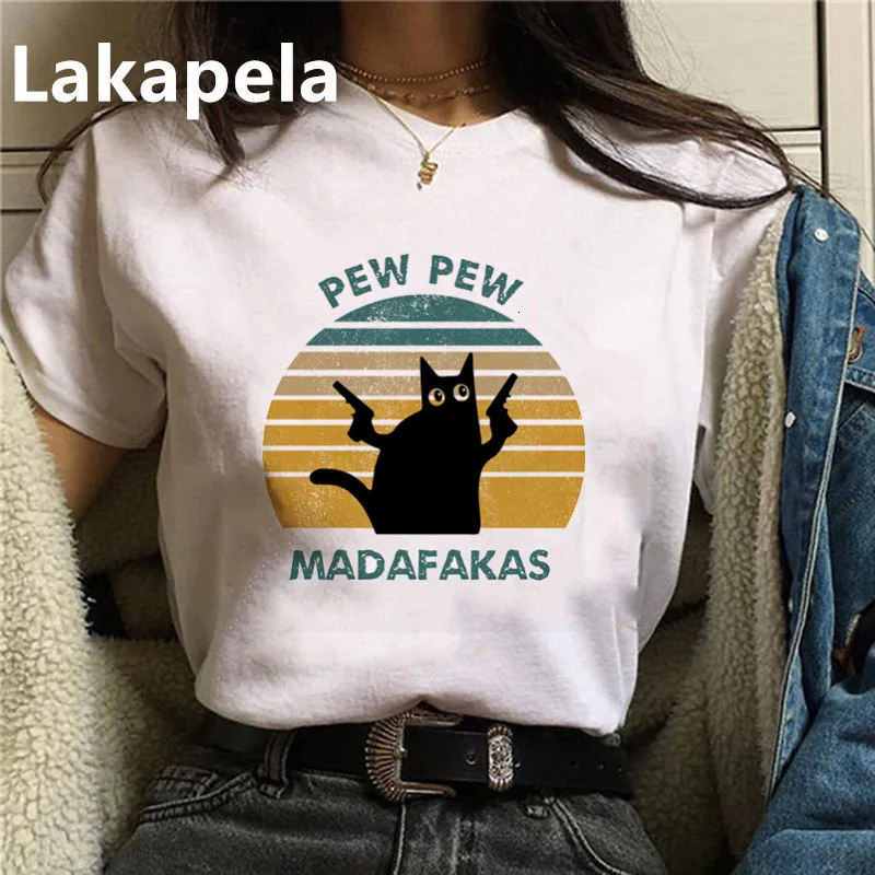 Черная кошка Pew Madafakas забавная Гангстер с пистолетом мемом Ретро Женская футболка