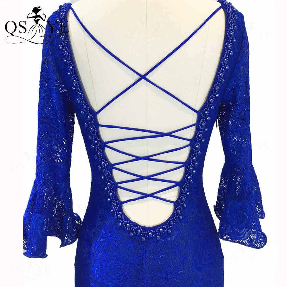 

Stretch Lace Red Evening Dress Long Sleeves Mermaid Party Dress Open Low Back Crisscross Formal Dress Beaded V Neck Women Gown