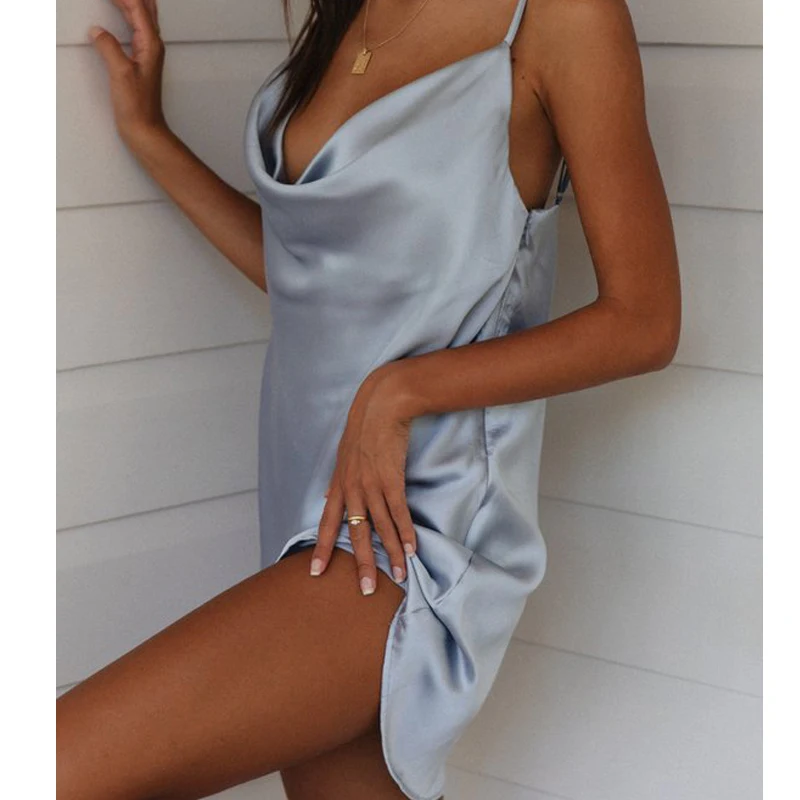 

Neon Satin Strap Dress V-neck Sexy Strapless Elegant Dress Club Dress Casual Dress Robe Party women dress Summer 2021 Boho Dress