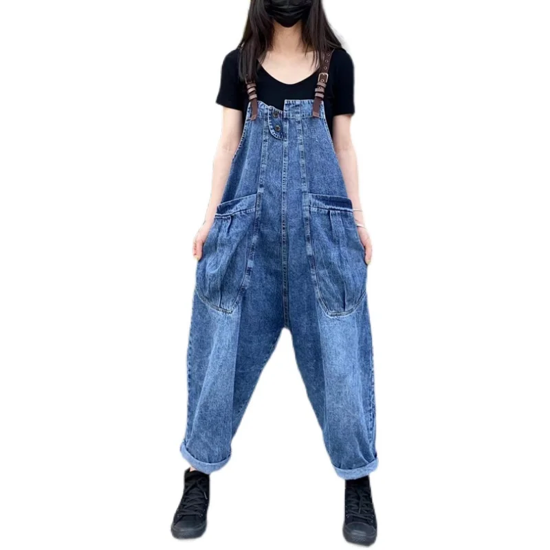 Romper for Women Casual Loose Long Bib Pants Wide Leg Cowboy Jumpsuits Baggy Denim Overalls Suspenders with Pockets