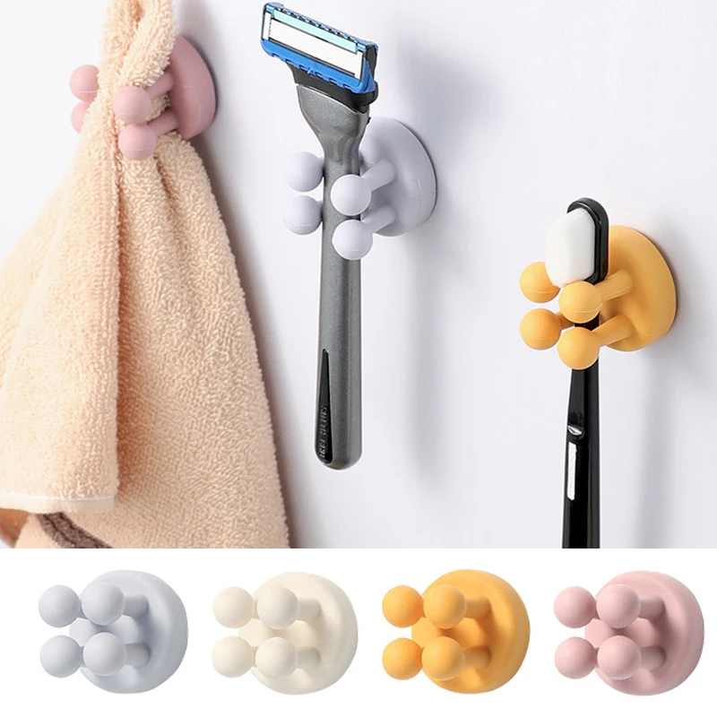 

Cute Silicone Hooks Safe Soft 4 Hooks Strong Self Adhesive Door Wall Hangers Hooks Reusable Waterproof Seamless Coat Hanger Plug