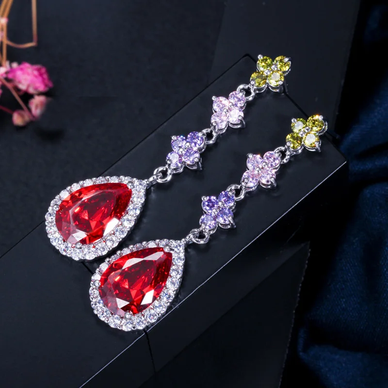 Pera Vintage Indian Women Green And Red Long Cubic Zirconia Waterdrop Big Earings For Fashion Wedding Prom Party Jewelry E158 | Украшения и