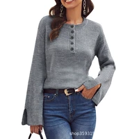 autumn womens sweater gray pullover sweater flared sleeves fashion long sleeved round neck button decoration casual knit sweater