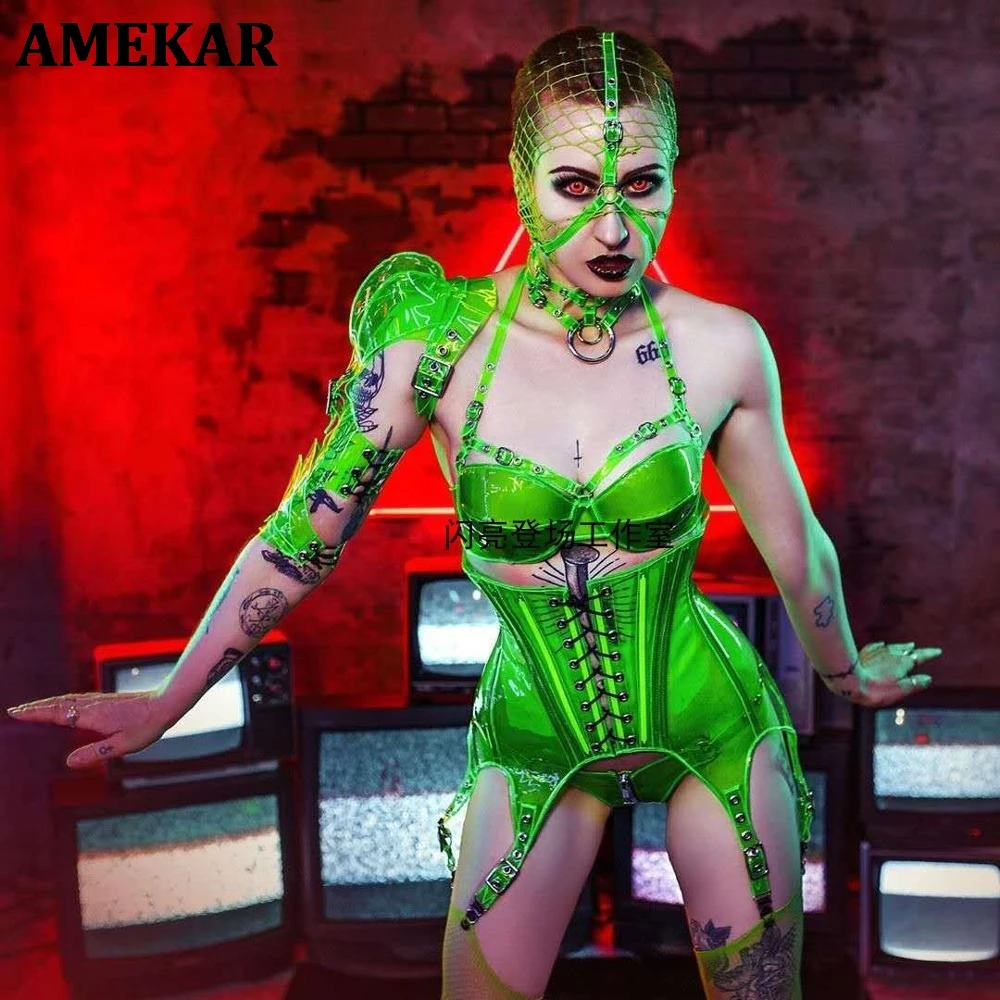 

Костюмы Future Technology для ночного клуба, бара, сексуальное ФЛУОРЕСЦЕНТНОЕ зеленое бикини, женский ремень для певицы, одежда для вечеринки на Хэл...