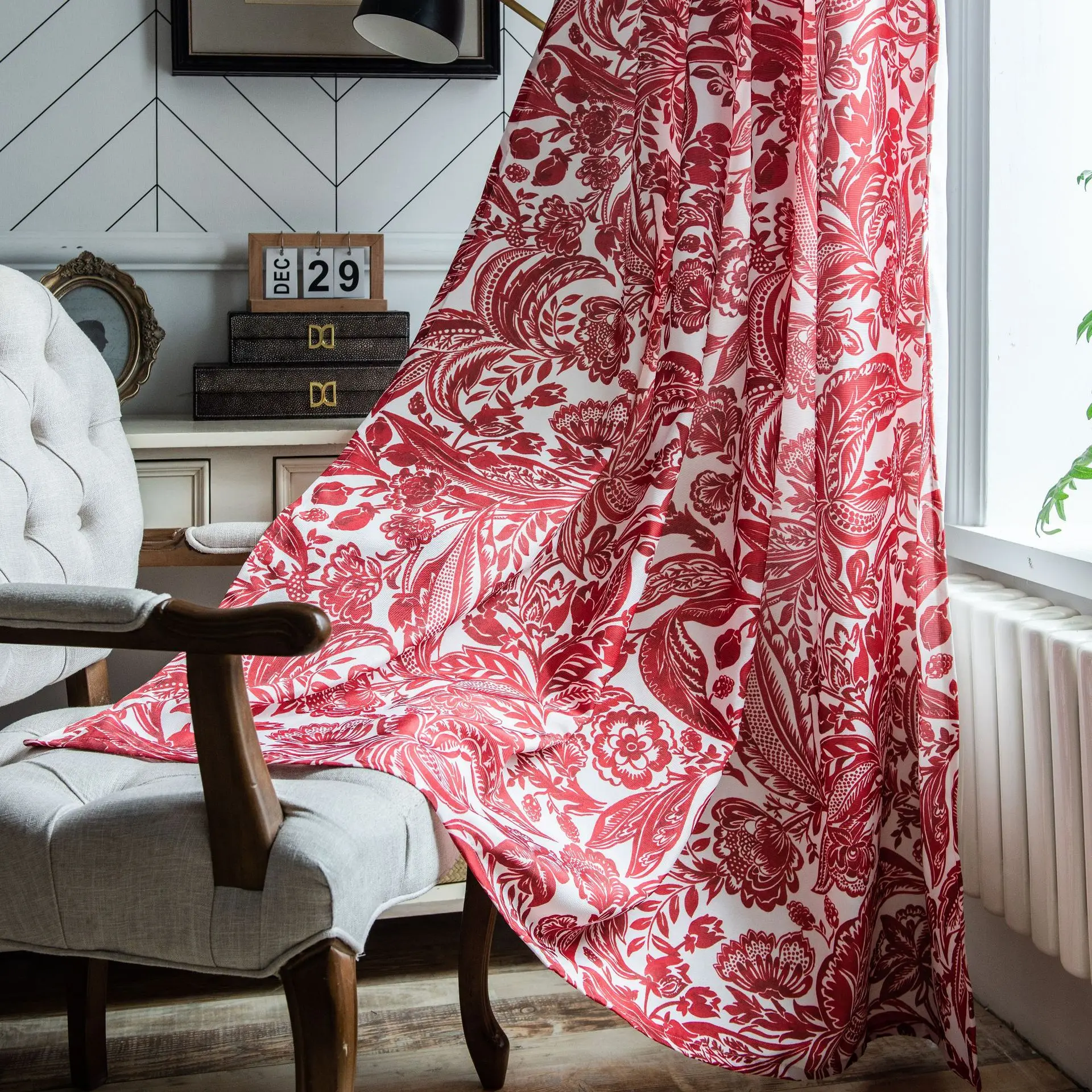 

Cotton-Linen Red Baroque Style Curtains Luxury Blcakout Printing Kitchen Living Room Curtains Semi-shading Bay Window