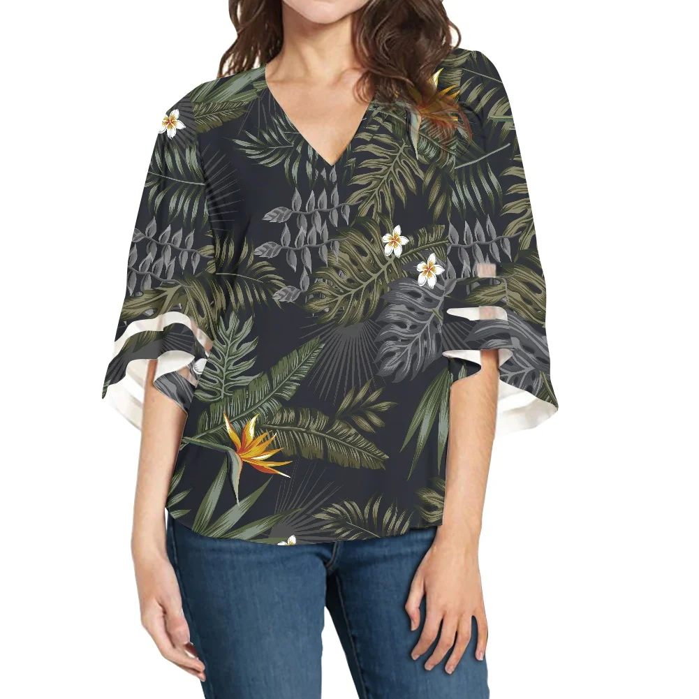 

Woman Blouses Shirts Tropical Palm Leaf Collage Pattern Women V-Neck Batwing Sleeve Chiffon Blouse Casual Loose Top Shirts Black