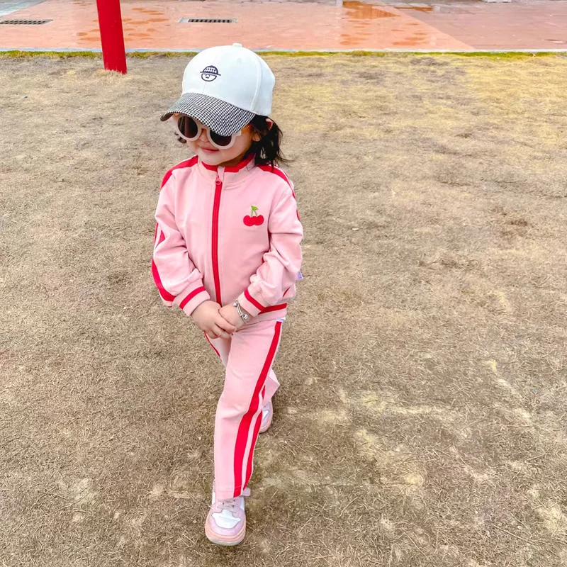 

Spring Autumn Girls 2 Pcs Set Baby Jacket + Pants Kids Tracksuits Children Activewear Cherry Side Striped Cotton 2 To 6 Yrs