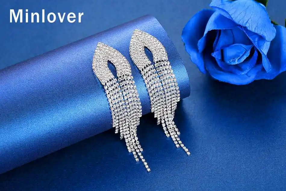 Серьги-подвески Minlover серебристого цвета с длинной металлической кисточкой для женщин, корейские стразы, свадебные серьги с бахромой, ювелирные изделия MEH1647