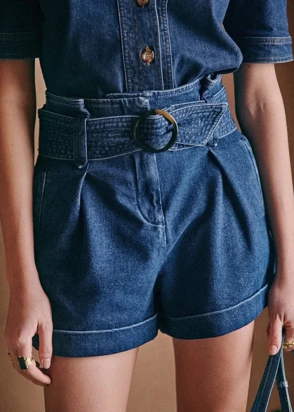 

Curled Denim Shorts Women's High Waist Simple Solid Color Ladies Casual Shorts with Sashes 2021 Summer New DK634