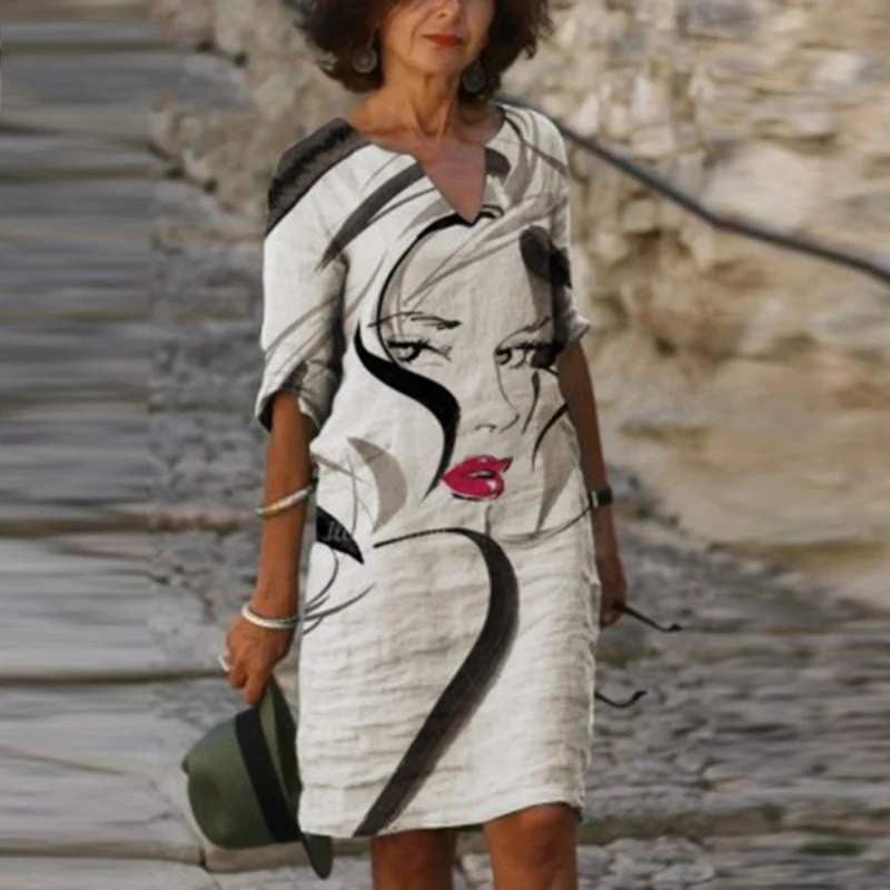 

Женское винтажное платье-трапеция с абстрактным принтом, V-образным вырезом и рукавом до локтя