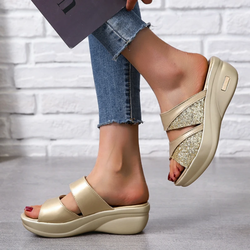 

Women Slippers Summer Platform Wedge Peep Toe Casual Bling Color Mixing Slide Outdoor Beach Female Ladies Shoes Zapatos De Mujer