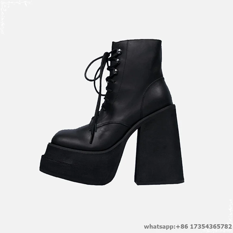 

Черные кожаные ботильоны на высоком каблуке, с круглым носком, на шнуровке