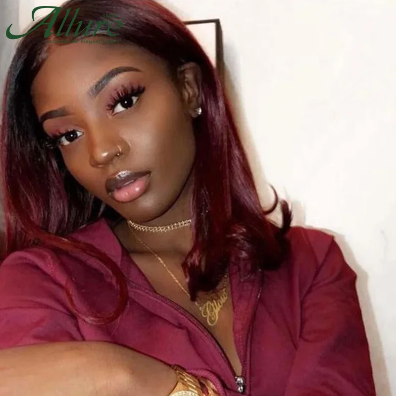 

Ombre Burgundy Straight Human Hair Wigs For Black Women T Part Lace Closure Wig TT1B-99J Long Straight Brazilian Hair Wig Allure