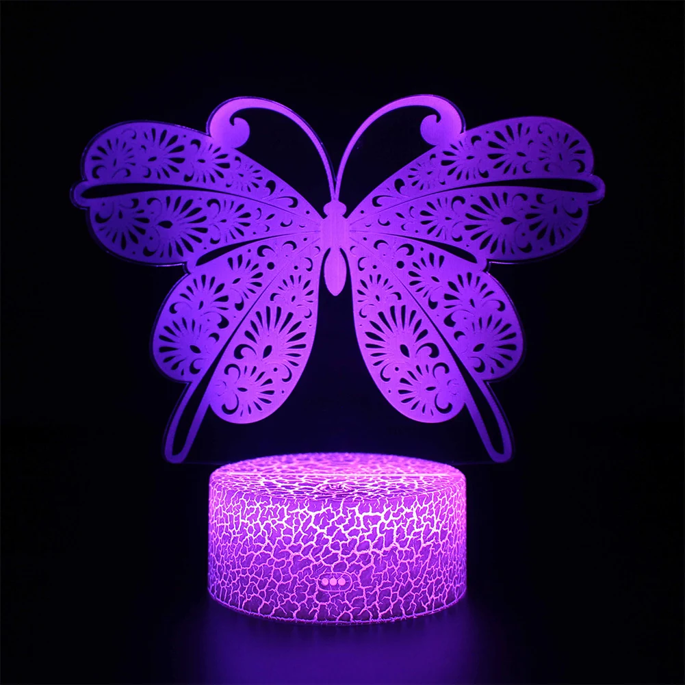 

Butterfly 3D LED Night Light Color Changing With Crack Base Bedside For Illusion Birthday USB Rechargeable Remote Control Switch