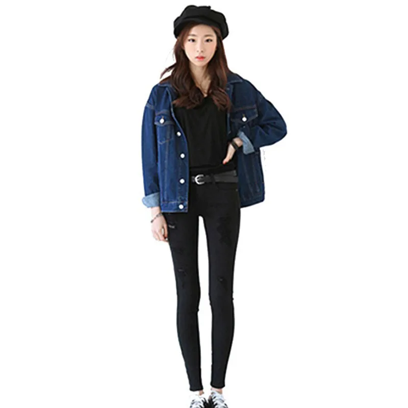 Женская Повседневная джинсовая куртка синяя черная свободная однобортная с