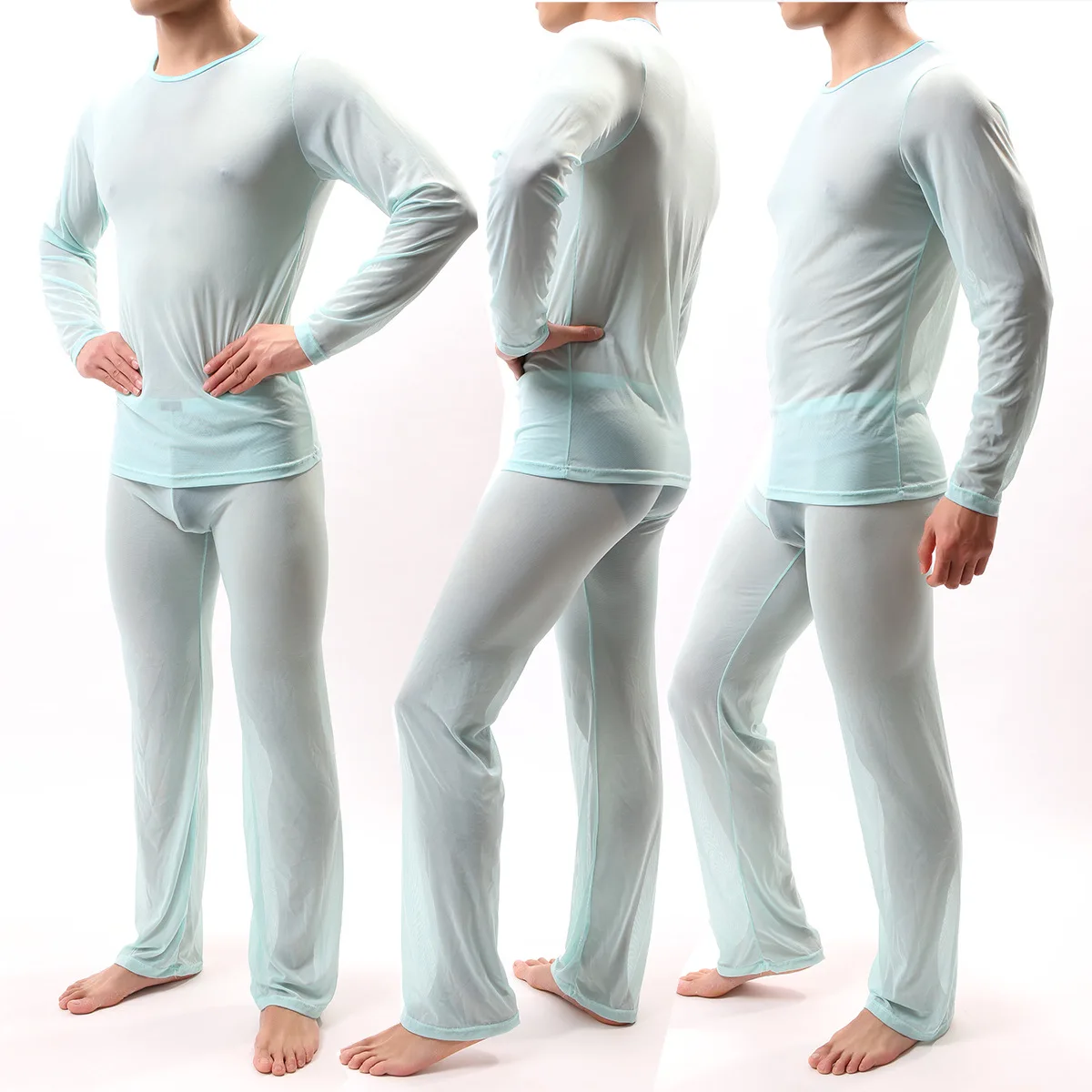

Thin transparent sexy men underwear pajamas sleepwear long sleevess pyjamas men mesh comfortable set